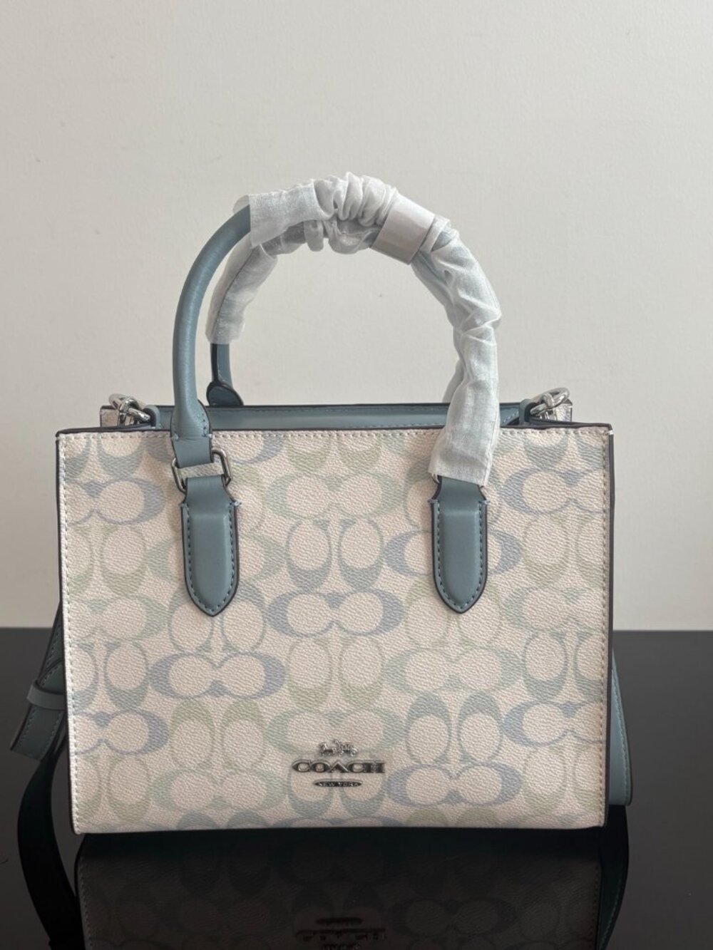 💧Coach White Pastel Logo Mini Tote Bag Light Blue Trim Crossbody - Picture 9 of 10